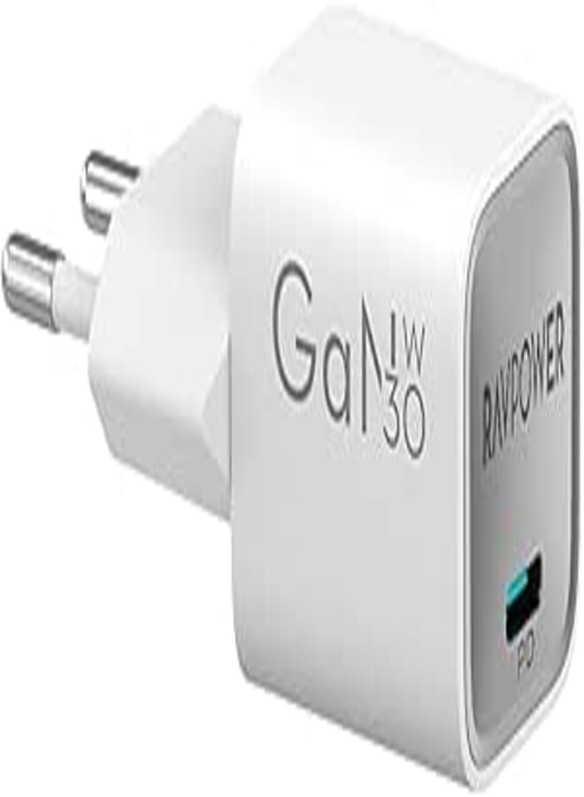 RAVPower RP‑PC1056 30W USB‑C GaN Wall Charger – PD 3.0 & QC 3.0 Fast Charging, Compact Portable Adapter, Universal 100–240V USB‑C Power Plug, White | 18 Months Warranty